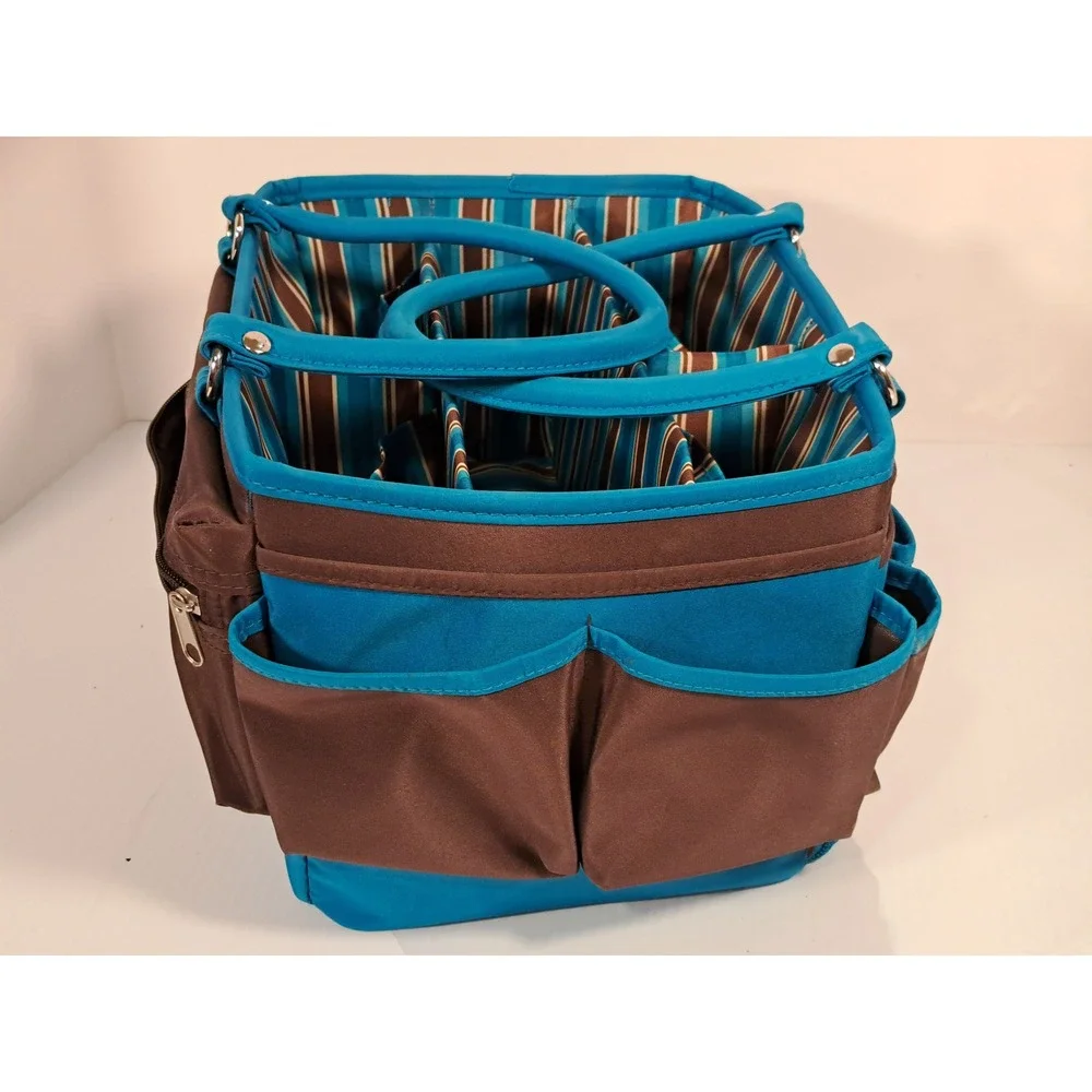 Brown and Teal Blue Multi Pocket Craft Caddy Organizer with Bottom Tray Storage